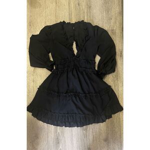 Black Ruffled V Neck Long Sleeve Dress Small